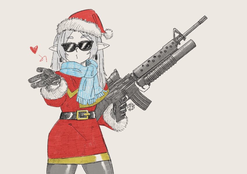 assault_rifle belt blowing_kiss earrings elf frieren fur_trim gloves grenade_launcher gun hat heart highres jewelry leggings long_hair m16 m16a4 m203 pantyhose pointy_ears rifle santa_costume santa_hat scarf scope sebinks signature simple_background sketch sousou_no_frieren sunglasses thighs underbarrel_grenade_launcher weapon white_background