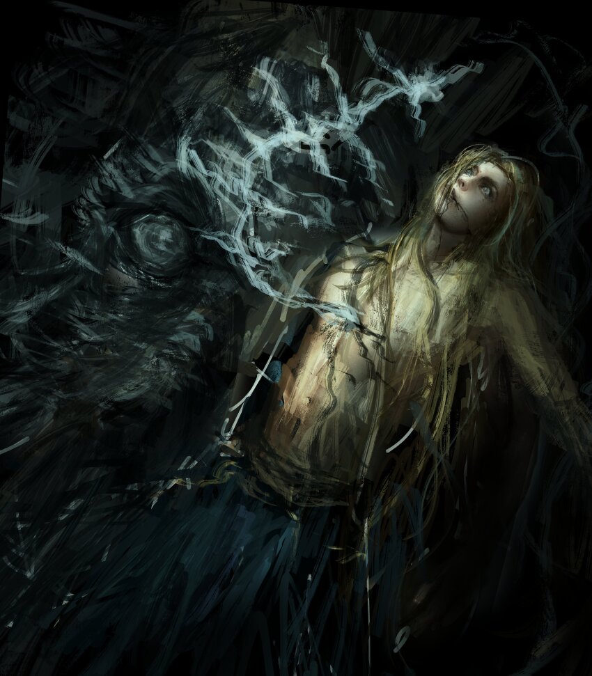 1boy absurdres all_lee24 assassination blonde_hair blue_dress corpse crack cracked_skin death dress elden_ring godwyn_the_golden graphite_(medium) great_rune_(elden_ring) highres long_hair prince rune rune_of_death topless_male traditional_media white_eyes