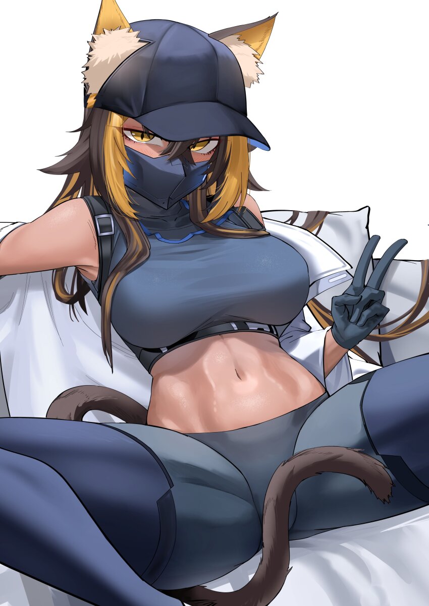 1girl absurdres animal_ear_fluff animal_ears baseball_cap black_gloves black_hair black_hat black_mask blonde_hair blue_archive breasts cat_ears cat_girl cat_tail cliov coat commission cosplay crop_top dark-skinned_female dark_skin gloves hair_between_eyes hat highres indie_virtual_youtuber large_breasts mask midriff mouth_mask multicolored_hair navel nekoyo_chloe open_clothes open_coat saori_(blue_archive) saori_(blue_archive)_(cosplay) second-party_source solo streaked_hair tail v virtual_youtuber white_coat yellow_eyes