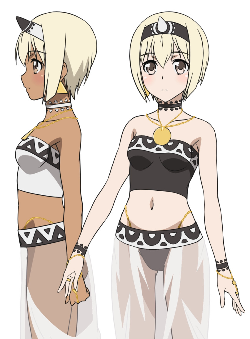 2girls ainu_clothes aquaplus bare_shoulders blush bracelet breasts brown_eyes closed_mouth collarbone cowboy_shot crop_top dark-skinned_female dark_skin earrings family from_side gradient_eyes grey_eyes hair_between_eyes hairband highres jewelry medium_breasts midriff multicolored_eyes multiple_girls nakata_masahiko neck_tattoo necklace nose official_art panties pantyshot raised_eyebrows saraana see-through_clothes see-through_skirt short_hair siblings sidelocks sisters skirt sleeveless standing strapless tattoo thighs transparent_background tube_top twins underwear uruuru utawarerumono utawarerumono:_futari_no_hakuoro utawarerumono:_itsuwari_no_kamen white_fox_(company) wrist_tattoo