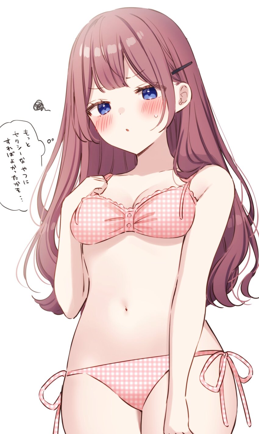 1girl :o absurdres bikini blue_eyes blush breasts brown_hair commentary_request cowboy_shot hair_ornament hairclip hand_on_own_chest highres long_hair original parted_lips pink_bikini side-tie_bikini_bottom simamura_hibari simple_background small_breasts solo speech_bubble squiggle sweatdrop swimsuit thought_bubble translation_request unmoving_pattern wavy_hair white_background