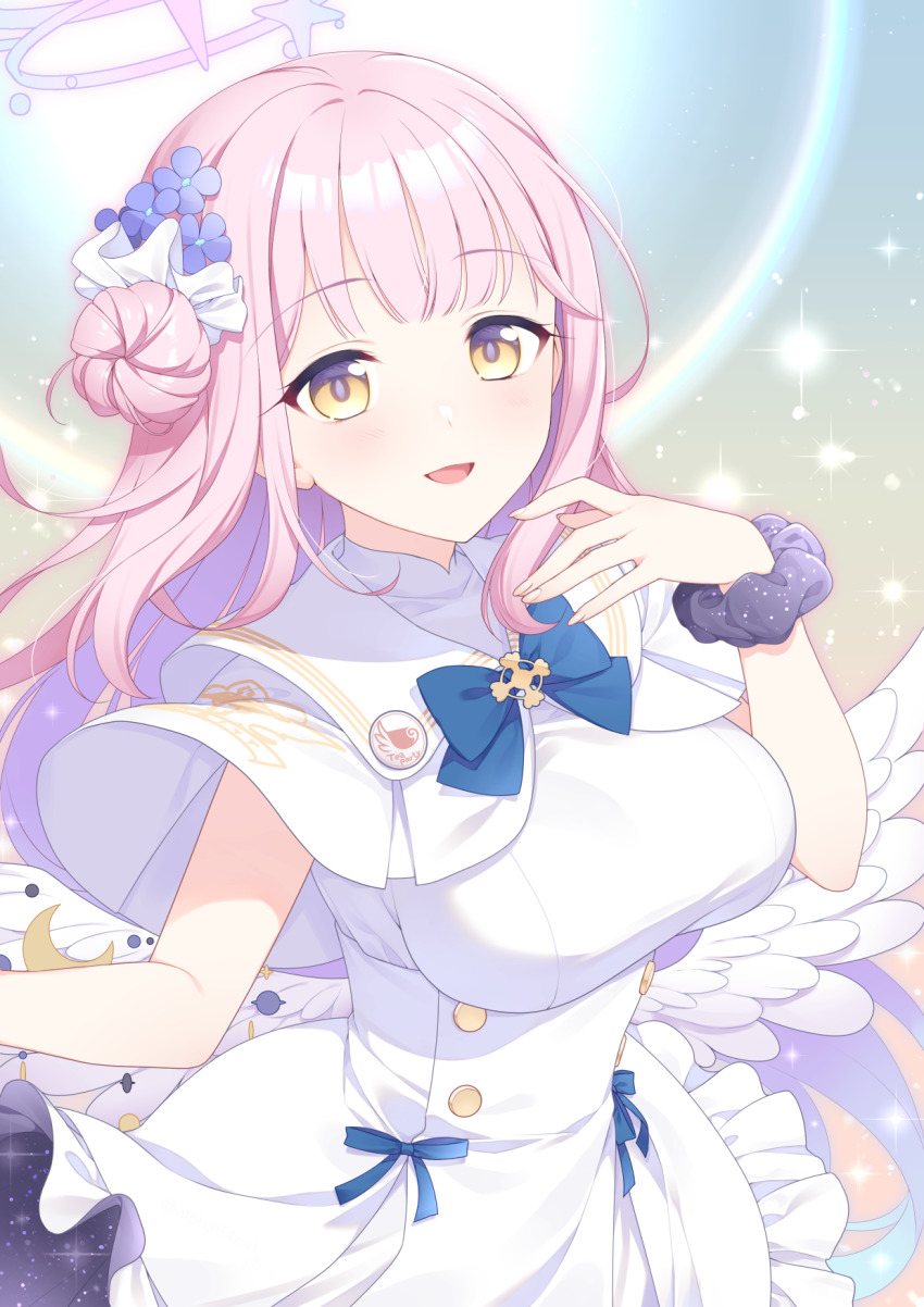 1girl alpha_(yukai_na_nakamatachi) angel_wings blue_archive breasts buttons capelet commentary crescent double-breasted dress emblem flower frilled_dress frills gradient_hair hair_bun hair_flower hair_ornament halo high_heels highres large_breasts long_hair looking_at_viewer low_wings medium_dress mika_(blue_archive) multicolored_hair open_mouth overskirt pink_hair pink_halo pumps purple_flower purple_scrunchie scrunchie single_side_bun smile solo sparkle underbust very_long_hair white_capelet white_dress wing_ornament wings wrist_scrunchie yellow_eyes