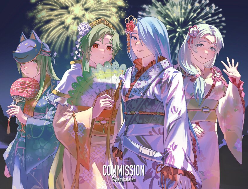 4girls alternate_costume babykatafan blue_eyes blue_hair blue_kimono elincia_ridell_crimea elincia_ridell_crimea_(estival_princess) fire_emblem fire_emblem:_path_of_radiance fire_emblem_heroes fireworks flower folding_fan fox_mask green_eyes green_hair hair_flower hair_ornament hair_over_one_eye hand_fan highres holding holding_fan japanese_clothes kimono long_hair lucia_(fire_emblem) lucia_(yukata)_(fire_emblem) mask multiple_girls nephenee_(fire_emblem) nephenee_(yukata)_(fire_emblem) nintendo official_alternate_costume orange_kimono red_eyes sigrun_(fire_emblem) waving white_kimono yukata