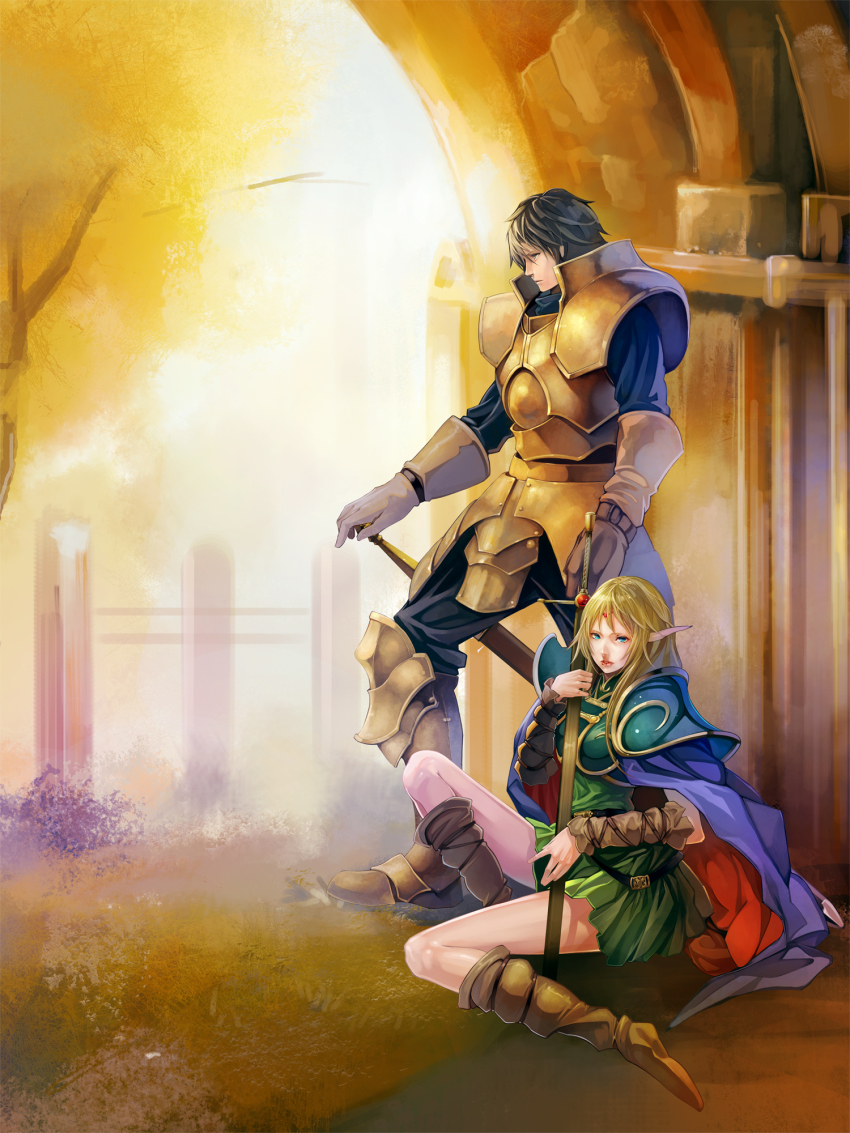 1boy 1girl armor bad_id bad_pixiv_id black_hair blonde_hair blue_eyes boots cape deedlit elf gura_(kmj) highres lips long_hair parn_(lodoss) pointy_ears profile record_of_lodoss_war short_hair grey_eyes sitting skirt sword weapon