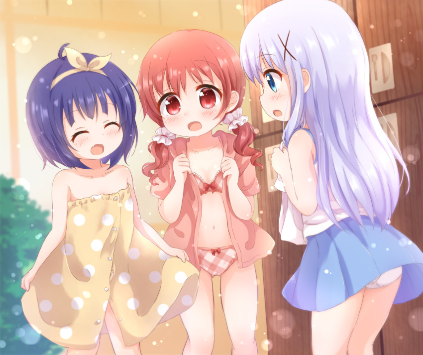 3girls :d ^_^ ahoge araki495 bare_arms bare_shoulders blue_eyes blue_hair blue_skirt blush bow bow_bra bow_panties bra camisole closed_eyes collarbone collared_shirt commentary dress_shirt fang gochuumon_wa_usagi_desu_ka? hair_ornament hair_ribbon hair_scrunchie highres indoors jouga_maya kafuu_chino locker long_hair low_twintails multiple_girls natsu_megumi navel open_clothes open_mouth open_shirt panties pink_shirt plaid_bra plaid_clothes plaid_panties pleated_skirt polka_dot red_eyes red_hair ribbon scrunchie shirt skirt smile standing twintails underwear very_long_hair white_camisole white_panties white_scrunchie wrap_towel yellow_ribbon