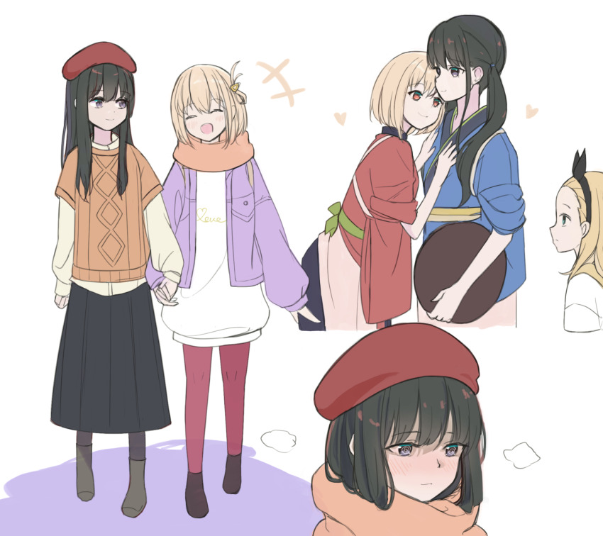 +++ 3girls @_@ apron beret black_hair black_hairband black_pantyhose black_ribbon black_skirt blonde_hair blue_eyes blue_kimono brown_apron brown_sweater_vest closed_eyes closed_mouth enpera hair_ornament hairband hat heart highres holding holding_hands holding_tray inoue_takina jacket japanese_clothes kimono kurumi_(lycoris_recoil) long_hair long_sleeves looking_at_another lycoris_recoil multiple_girls nishikigi_chisato open_clothes open_jacket open_mouth pantyhose pink_scarf puffy_long_sleeves puffy_sleeves purple_eyes purple_jacket red_eyes red_hat red_kimono red_pantyhose ribbon ririo_(mitsumatario) scarf shirt short_hair simple_background skirt smile sweater_vest tasuki tray twintails waist_apron white_background white_shirt yuri