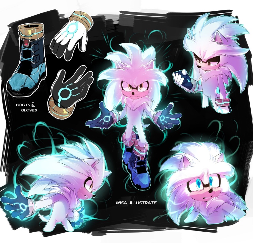 boots flying gloves grey_fur grey_hair hedgehog highres isa_illustrate paramount_pictures silver_the_hedgehog sonic_(live_action) sonic_(series) sonic_the_hedgehog_(movie) telekinesis yellow_eyes