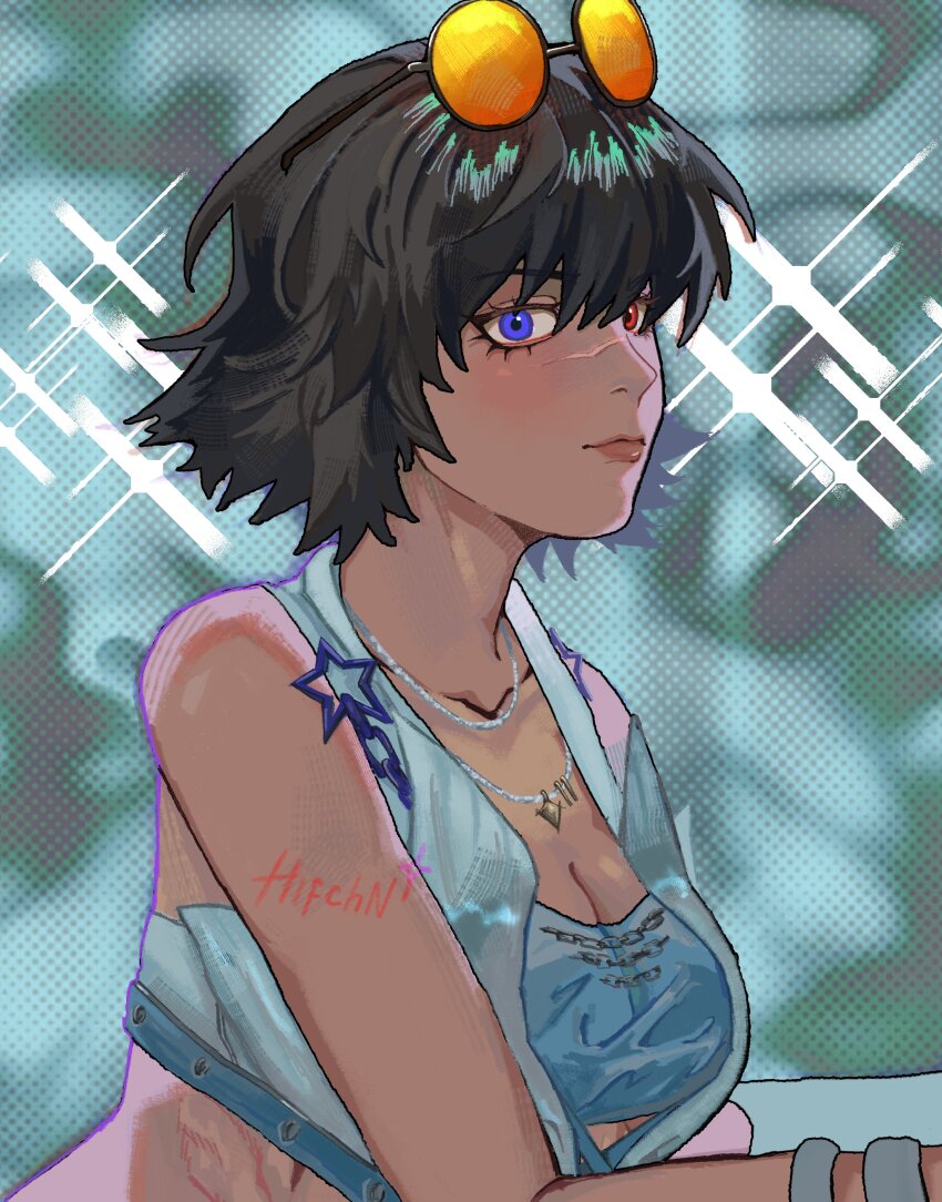 1girl absurdres artist_name black_hair blue_eyes breasts cleavage devil_may_cry:_peak_of_combat devil_may_cry_(series) eyewear_on_head heterochromia highres ifa_(hifchn) jewelry lady_(devil_may_cry) midriff necklace red_eyes scar scar_on_face scar_on_nose short_hair tinted_eyewear