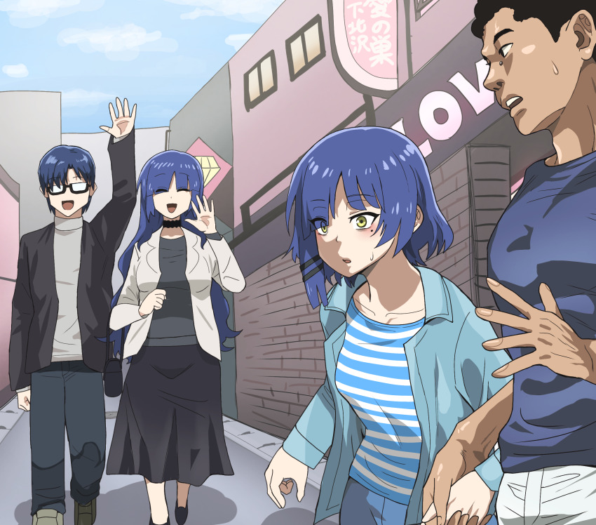 2boys 2girls black_hair blue_hair blue_sky bocchi_the_rock! father_and_daughter highres manatsu_no_yo_no_inmu mother_and_daughter multiple_boys multiple_girls sky yajuu_senpai yamada_ryo