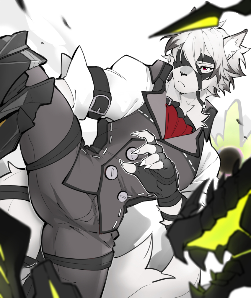 1boy absurdres animal_ears ascot bicep_strap black_gloves claws colored_tips commentary english_commentary ethereal_(zenless_zone_zero) eyepatch fingerless_gloves furry furry_male gloves grey_pants grey_vest highres male_focus multicolored_hair pants prosthesis prosthetic_leg red_ascot red_eyes shirt shoko_contane tail vest von_lycaon white_background white_shirt wolf_boy wolf_ears wolf_tail zenless_zone_zero