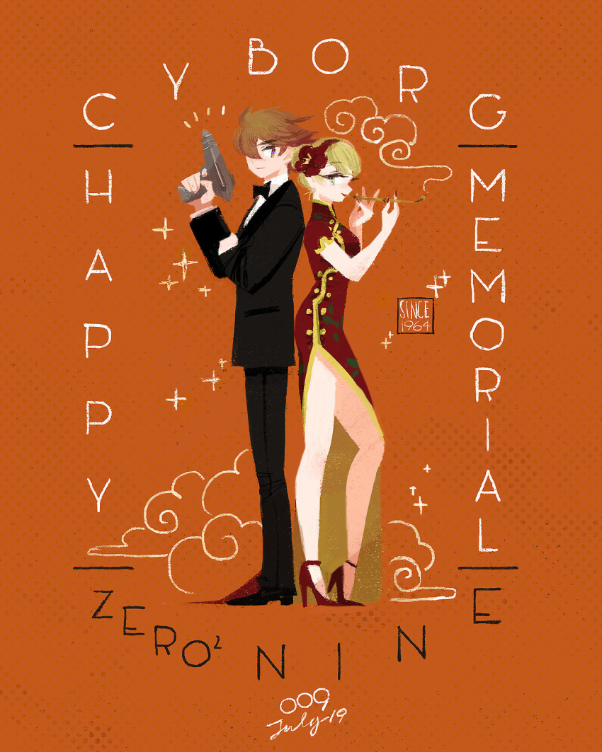 black_shoes black_suit blonde_hair brown_eyes china_dress chinese_clothes couple cyborg cyborg_009 double_bun dress formal_clothes francoise_arnoul green_eyes gun hair_bun hairband highres holding holding_gun holding_smoking_pipe holding_weapon long_hair looking_at_another manodemarina red_dress red_hairband shimamura_joe shoes smoking_pipe strappy_heels suit weapon