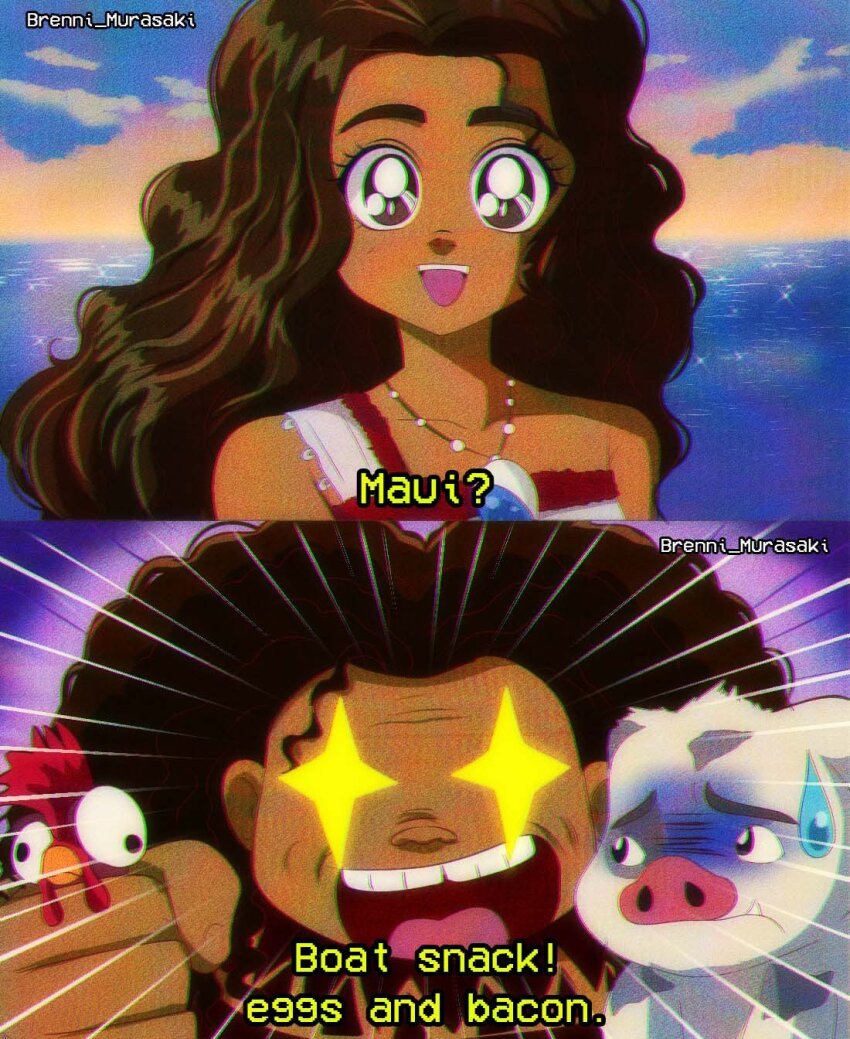 1990s_(style) 1boy 1girl artist_name bare_shoulders bird brenni_murasaki brown_eyes brown_hair chicken commentary dark-skinned_female dark_skin english_text flower hair_flower hair_ornament heihei_(moana) highres jewelry looking_at_viewer maui_(moana) moana_(movie) moana_waialiki necklace outdoors pua_(moana) retro_artstyle smile water