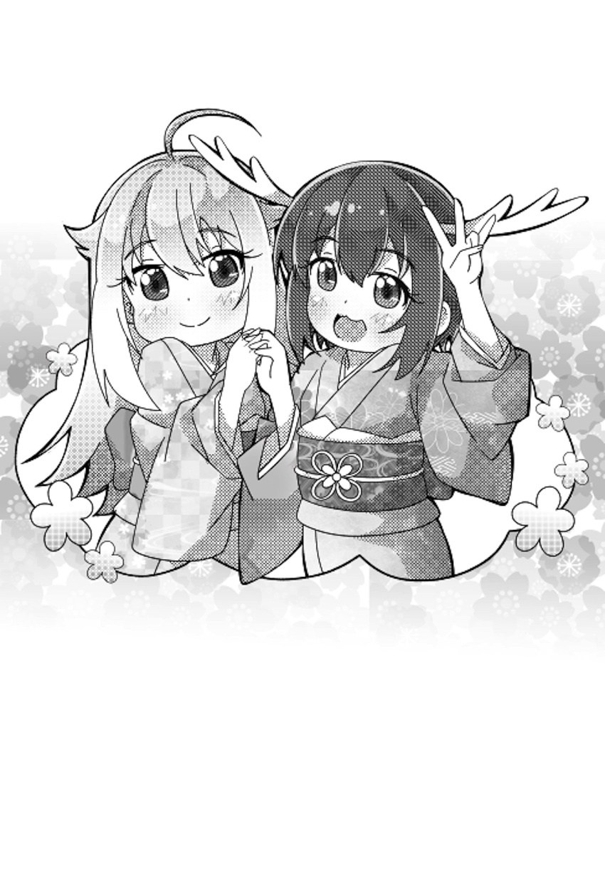 2girls ahoge antlers blonde_hair brown_hair deer deer_antlers deer_girl highres holding_hands horns interlocked_fingers koshi_torako long_hair long_sleeves looking_at_viewer monochrome multiple_girls open_mouth shikanoko_noko shikanoko_nokonoko_koshitantan smile takecho yuri