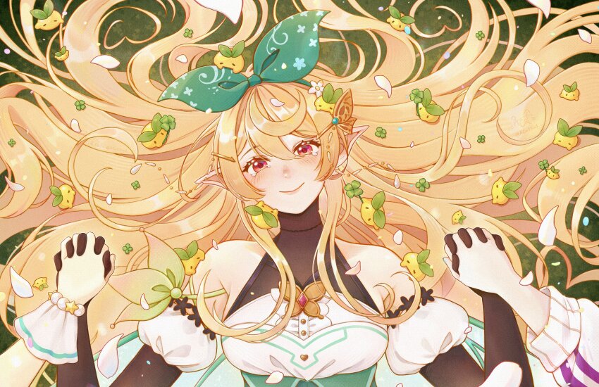 3girls a.cat absurdres blonde_hair blush bow breasts closed_mouth detached_sleeves elira_pendora elira_pendora_(1st_costume) fairy fairy_wings falling_petals finana_ryugu finana_ryugu_(1st_costume) hair_between_eyes hair_bow highres holding_hands lazulight long_hair looking_at_viewer lying medium_breasts multiple_girls nijisanji nijisanji_en on_back petals pointy_ears pomu_rainpuff pomu_rainpuff_(1st_costume) pomudachi_(pomu_rainpuff) red_eyes smile tearing_up very_long_hair virtual_youtuber wings