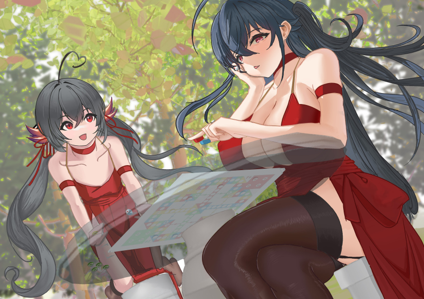 2girls absurdres ahoge ame_(3333) azur_lane bare_shoulders black_garter_straps board_game breasts center_opening chinese_commentary choker cleavage cocktail_dress commentary_request cosplay covered_erect_nipples crossed_legs dress evening_gown flat_chest from_below garter_straps glass_table hair_between_eyes hair_ornament hand_on_own_cheek hand_on_own_face heart heart_ahoge highres huge_breasts long_hair looking_at_another looking_at_viewer mother_and_daughter multiple_girls official_alternate_costume outdoors red_choker red_dress red_eyes sitting sleeveless sleeveless_dress table taihou-chan_(azur_lane) taihou_(azur_lane) taihou_(azur_lane)_(cosplay) taihou_(forbidden_fruit)_(azur_lane) tree twintails very_long_hair