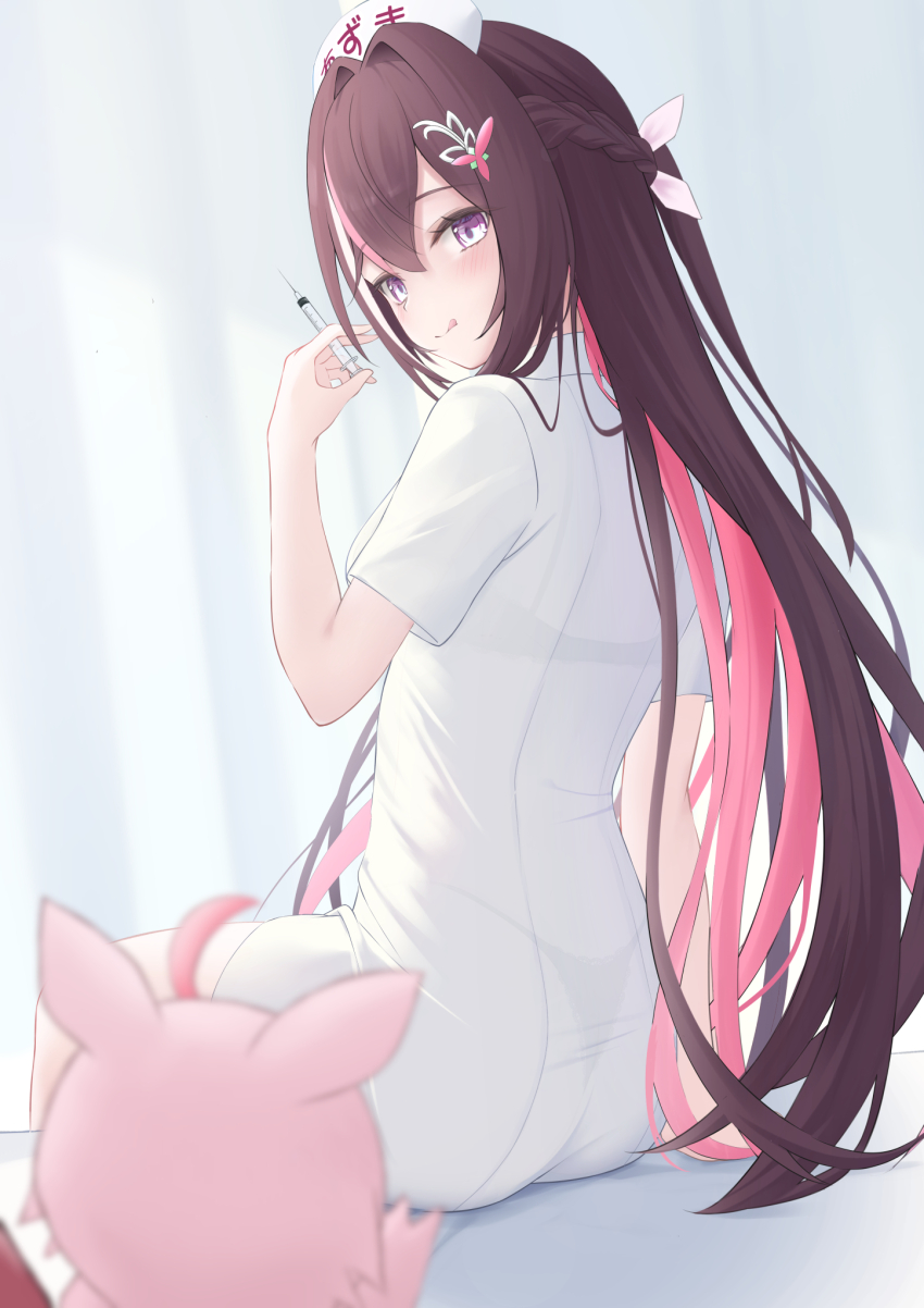 1girl :q alternate_costume ass azki_(hololive) black_bra black_hair black_panties blurry blurry_background bra bra_visible_through_clothes braid collared_dress colored_inner_hair commentary_request double-parted_bangs dress from_behind hair_between_eyes hair_intakes hair_ornament hairclip half_up_half_down_braid hand_up hat highres holding holding_syringe hololive indoors long_hair looking_at_viewer looking_back multicolored_hair nurse nurse_cap panties panties_visible_through_clothes pink_hair pioneer_(azki) purple_eyes seriponpoyon short_sleeves sitting solo streaked_hair syringe tongue tongue_out underwear very_long_hair virtual_youtuber white_dress white_hair
