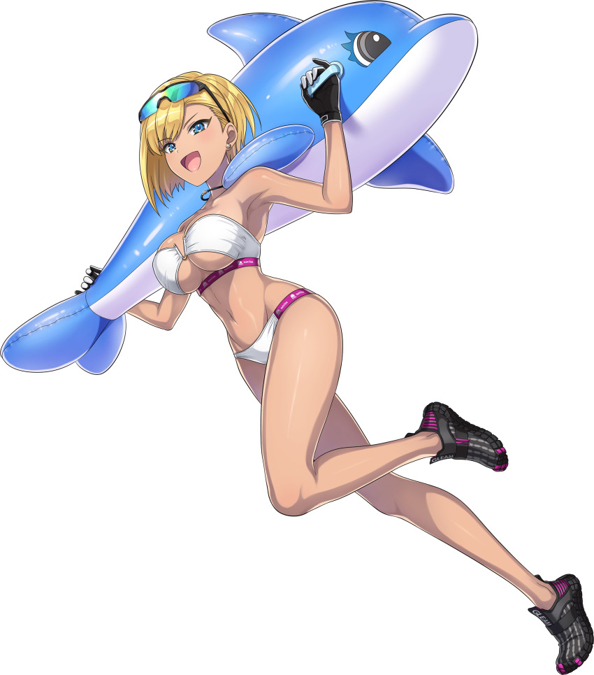 1girl absurdres bikini blonde_hair blue_eyes breasts dark-skinned_female dark_skin dolphin dolphin_wave gloves highres inflatable_dolphin inflatable_toy murahaya_mashio navel official_art ootomo_takuji open_mouth solo sunglasses_on_head swimsuit transparent_background white_bikini