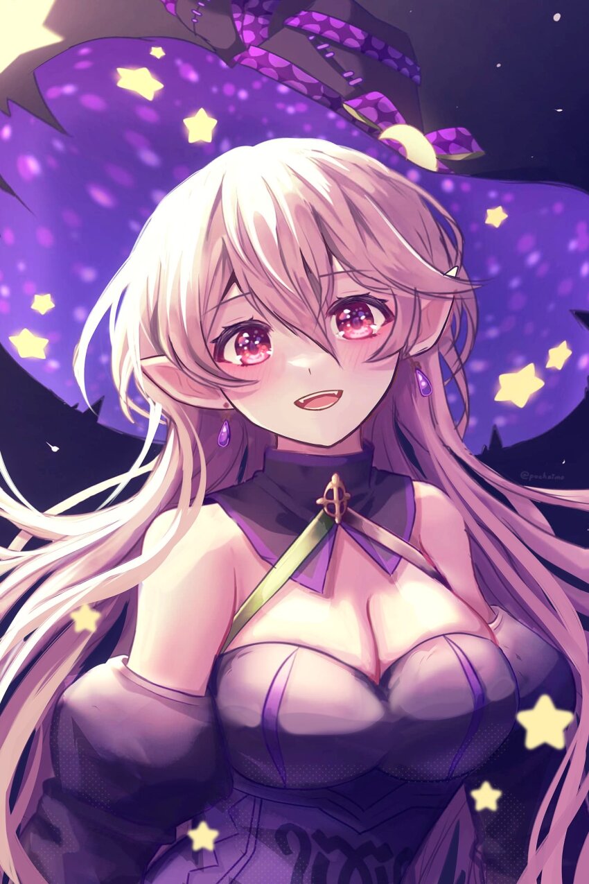 1girl black_dress breasts cleavage corrin_(female)_(fire_emblem) corrin_(female)_(halloween)_(fire_emblem) crescent crescent_hat_ornament dress earrings fire_emblem fire_emblem_fates fire_emblem_heroes halloween halloween_costume hat hat_ornament highres jewelry large_breasts nintendo official_alternate_costume pochaimo pointy_ears witch witch_hat
