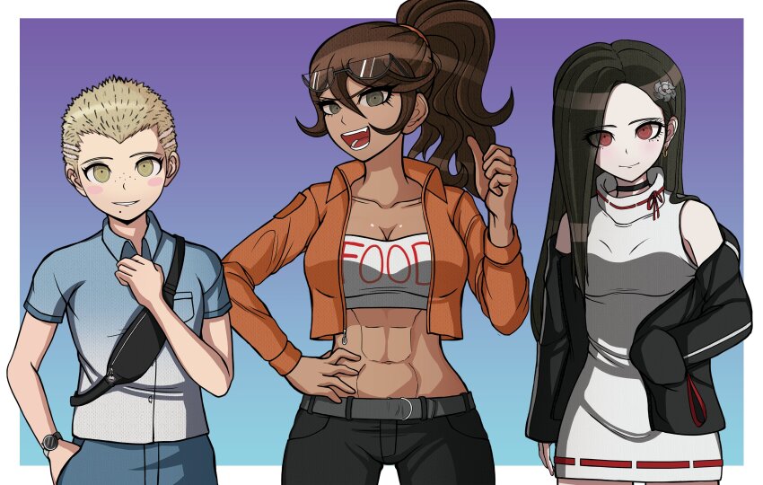 1boy 2girls :d a_beautiful_man_(middinos) abs absurdres alternate_costume belt black_belt black_choker black_jacket black_pants blush_stickers border breasts brown_hair brown_jacket choker cleavage collarbone danganronpa_(series) danganronpa_2:_goodbye_despair dark-skinned_female dark_skin dress earrings fang flower gradient_background grey_dress hair_between_eyes hair_flower hair_ornament hand_on_own_hip hand_up harukawa_maki highres jacket jewelry kuzuryu_fuyuhiko long_hair long_sleeves medium_breasts mole mole_under_eye multiple_girls navel open_clothes open_jacket open_mouth owari_akane pants ponytail red_eyes semi-rimless_eyewear shiny_skin short_hair single_bare_shoulder smile white_border