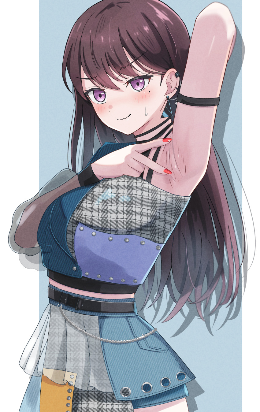 1girl absurdres armlet armpits azakura_(beniyomogi) bang_dream! bang_dream!_it&#039;s_mygo!!!!! blush brown_hair closed_mouth commentary_request ear_piercing earrings highres jewelry linked_piercing long_hair long_sleeves looking_at_viewer mole mole_under_eye nail_polish piercing presenting_armpit purple_eyes red_nails see-through_clothes see-through_sleeves shiina_taki solo spread_armpit wavy_mouth