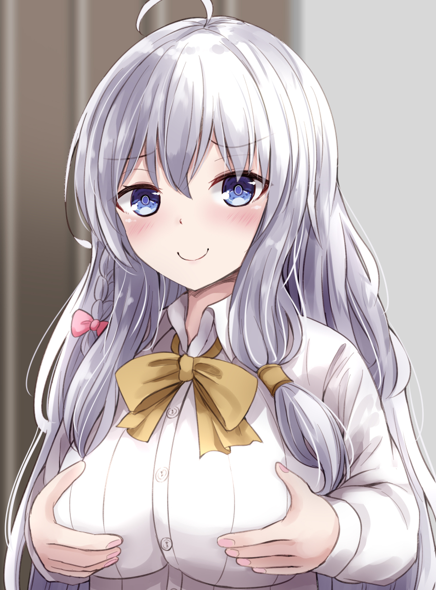 1girl absurdres ahoge blue_eyes blurry blurry_background blush bow braid breast_padding breasts c: closed_mouth collared_shirt commentary dress_shirt elaina_(majo_no_tabitabi) eyes_visible_through_hair fingernails grabbing_own_breast grey_hair hair_between_eyes hair_bow highres impossible_clothes indoors izuminomitsuba large_breasts long_hair long_sleeves looking_at_viewer low-tied_long_hair majo_no_tabitabi pink_bow shirt sidelocks single_braid smile smug solo straight_hair tsurime upper_body white_shirt yellow_bow