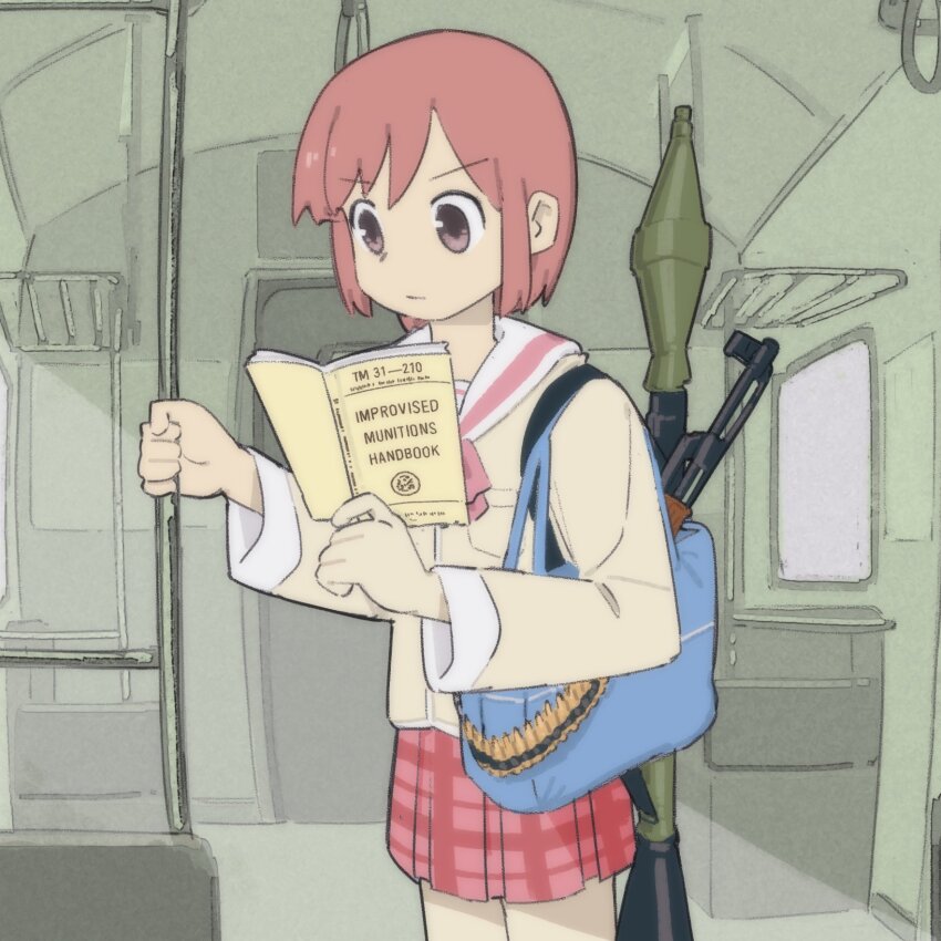 1girl ammunition_belt army_field_manual bob_cut brown_hair fubarmoe highres jacket kalashnikov_rifle nichijou plaid_clothes plaid_skirt reading red_hair red_skirt rocket_launcher rpg_(weapon) school_uniform short_hair skirt solo tachibana_misato tokisadame_school_uniform train_interior weapon yellow_jacket