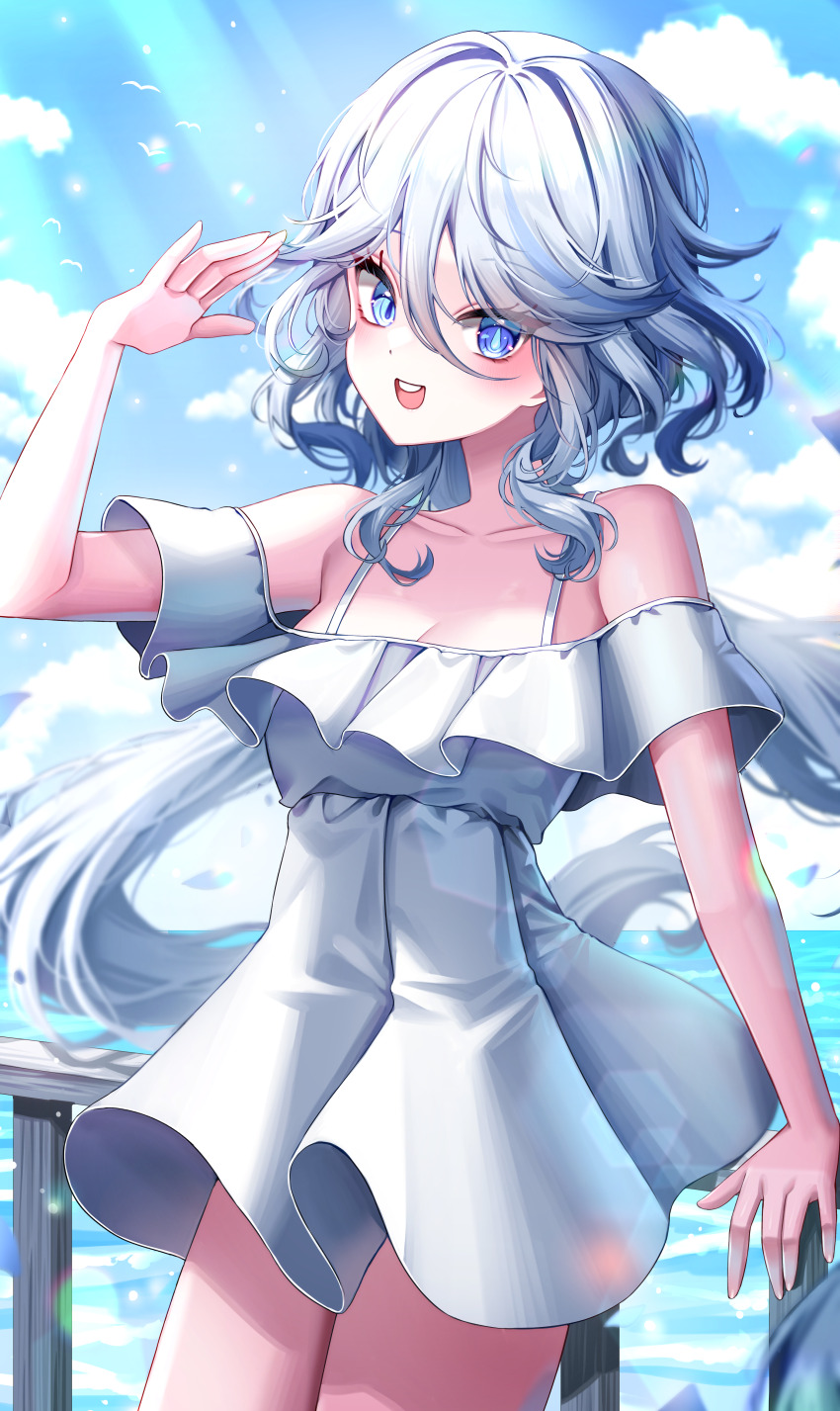 1girl absurdres bare_shoulders blue_eyes blue_hair blue_sky blush breasts cleavage cloud cowboy_shot dress fake_hair floating_hair furina_(genshin_impact) genshin_impact hand_up heterochromia highres light_blue_hair long_hair looking_at_viewer nq_(nnq_q) off_shoulder open_mouth short_dress sky small_breasts smile solo sundress white_dress