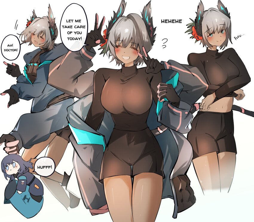 2girls arknights arya_melati black_hair black_jacket blue_eyes blush breasts brown_shoes brown_shorts chibi closed_eyes commentary doctor_(arknights) english_commentary english_text extra_arms female_doctor_(arknights) flying_sweatdrops grey_hair grey_jacket hair_intakes highres jacket large_breasts long_sleeves mini_person minigirl multiple_girls multiple_views navel open_clothes open_jacket puffy_long_sleeves puffy_sleeves raidian_(arknights) shoes short_hair short_shorts shorts simple_background single_hair_intake smile undressing white_background