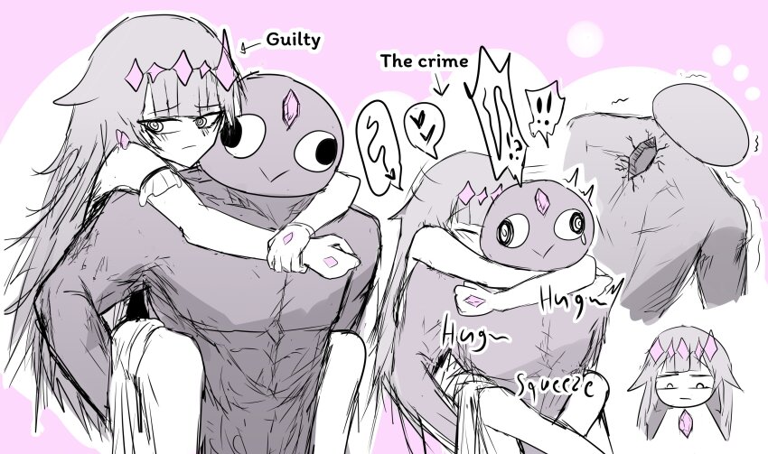 ! 1boy 1girl absurdres akukan blush carrying carrying_person chest_jewel crack crown hair_flaps heart highres hololive hololive_english hug koseki_bijou koseki_bijou_(1st_costume) long_hair muscular muscular_male pebble_(koseki_bijou) piggyback sequential sketch tears very_long_hair virtual_youtuber