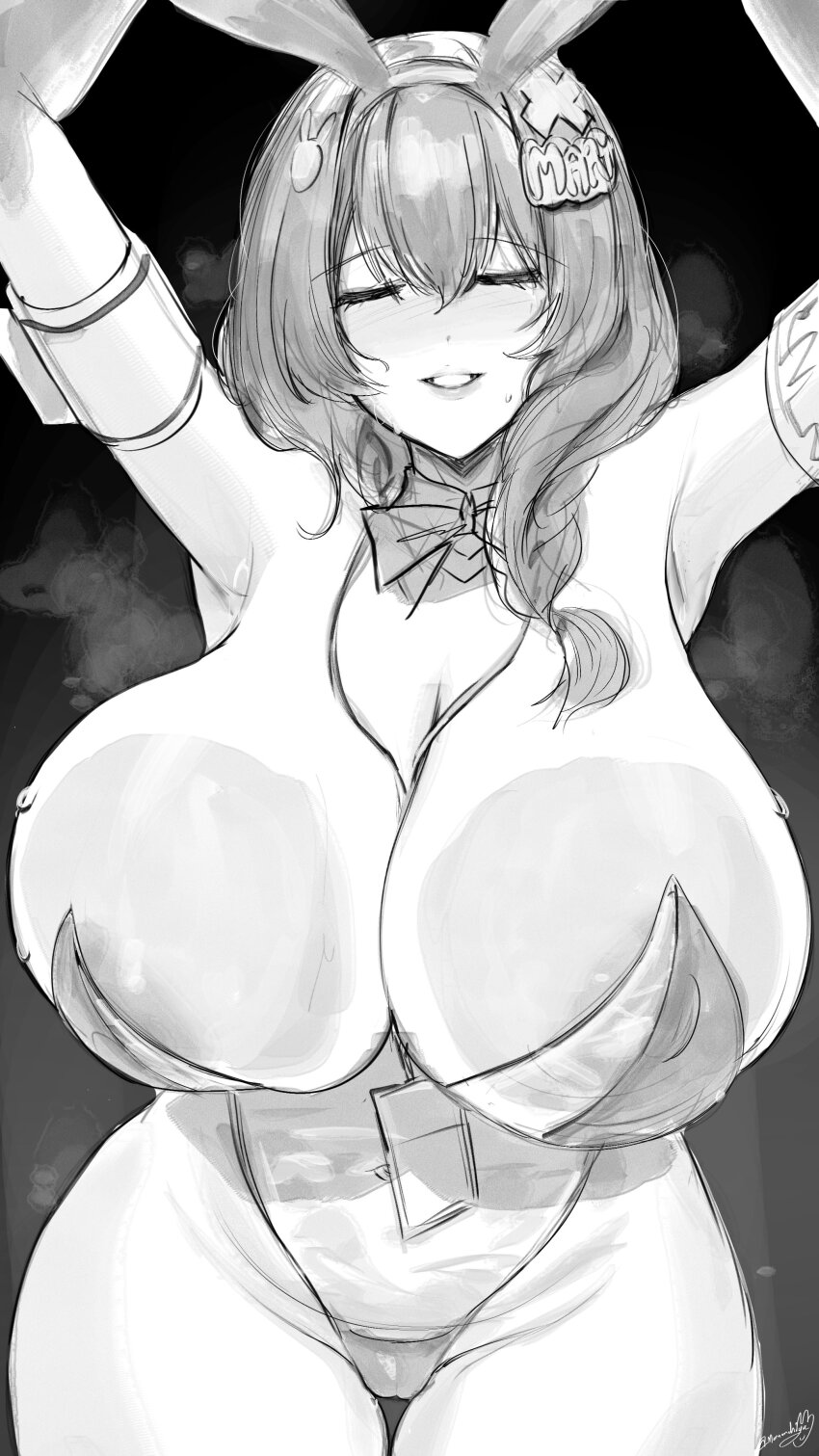1girl absurdres animal_ears areola_slip arms_up blush bow bowtie braid breasts closed_eyes detached_collar elbow_gloves fake_animal_ears gloves goddess_of_victory:_nikke grin highres huge_areolae huge_breasts huge_nipples id_card leotard long_hair mary_(medical_rabbit)_(nikke) mary_(nikke) momoko_nico monochrome official_alternate_costume playboy_bunny rabbit_ears see-through_clothes see-through_leotard smile solo strapless strapless_leotard sweatdrop thigh_gap