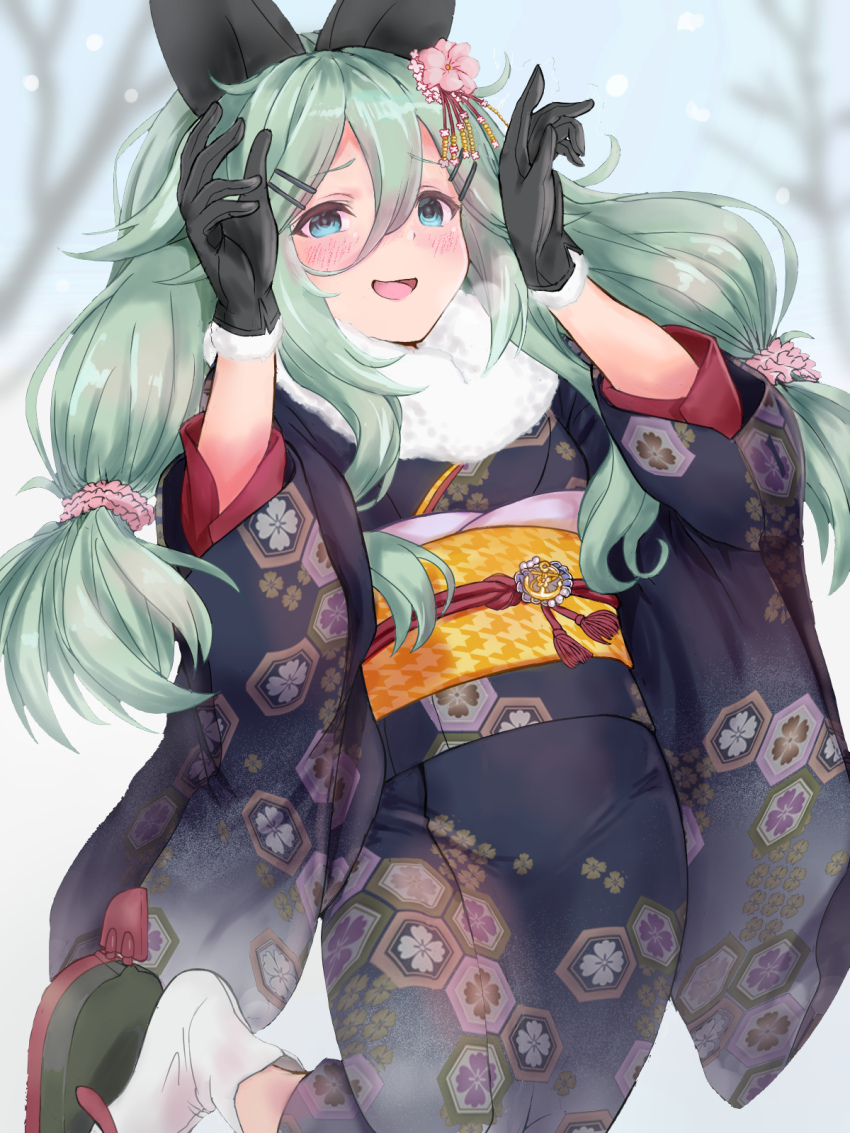 1girl aqua_eyes black_gloves black_kimono blush em_s floral_print flower fur-trimmed_kimono fur_trim gloves green_hair hair_between_eyes hair_flower hair_ornament hairclip highres japanese_clothes kantai_collection kimono long_hair long_sleeves obi open_mouth pink_flower print_kimono sash solo wide_sleeves yamakaze_(kancolle) yamakaze_(new_year)_(kancolle)