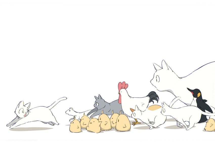 animal animal_focus azur_lane baby_animal bird cat chick chicken closed_eyes from_side hatski.sin highres manjuu_(azur_lane) no_humans open_mouth penguin shadow simple_background too_many white_background white_cat