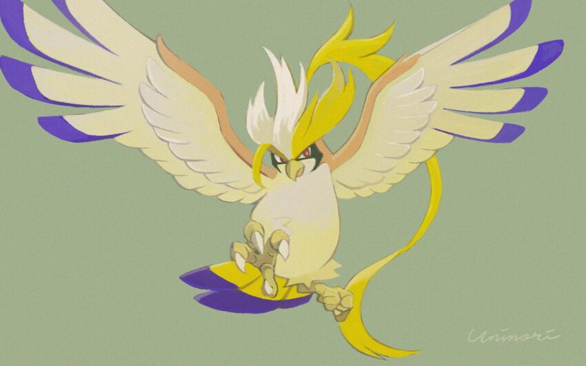 animal_focus bird bright_pupils closed_mouth commentary_request gen_1_pokemon green_background looking_at_viewer mega_pidgeot mega_pokemon nintendo no_humans pidgeot pokemon pokemon_(creature) red_eyes signature solo talons uninori white_pupils