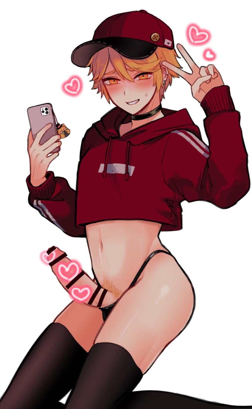 1boy bar_censor baseball_cap black_thighhighs blonde_hair cellphone censored commentary_request crop_top cropped_hoodie earrings erection hat highres holding holding_phone hood hoodie identity_v jewelry looking_at_viewer male_focus midriff nervous_smile penis penis_out phone red_hoodie smartphone smile solo tendenbarabara thighhighs v victor_grantz white_background yaoi yellow_eyes