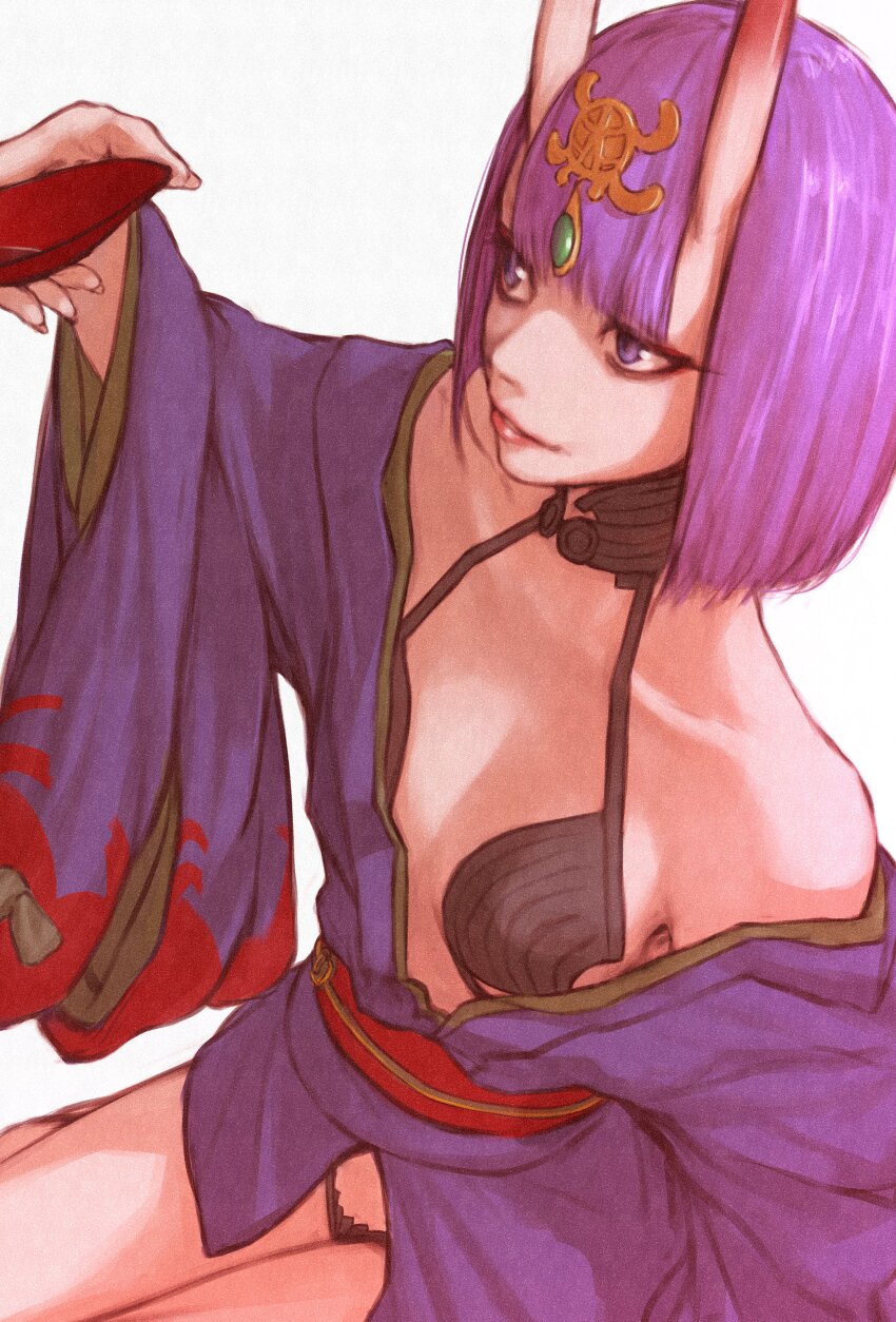 1girl absurdres alcohol bare_shoulders breasts cup fate/grand_order fate_(series) headpiece highres horns japanese_clothes kimono looking_to_the_side oni purple_eyes purple_hair purple_kimono sakazuki sake short_hair shuten_douji_(fate) simple_background skin-covered_horns small_breasts smile solo white_background ymzzil