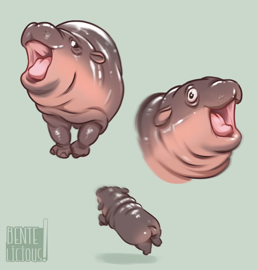 animal animal_focus artist_name bentelicious_art cropped_head german_commentary grey_background highres hippopotamus looking_at_viewer moo_deng open_mouth original shiny_skin tongue