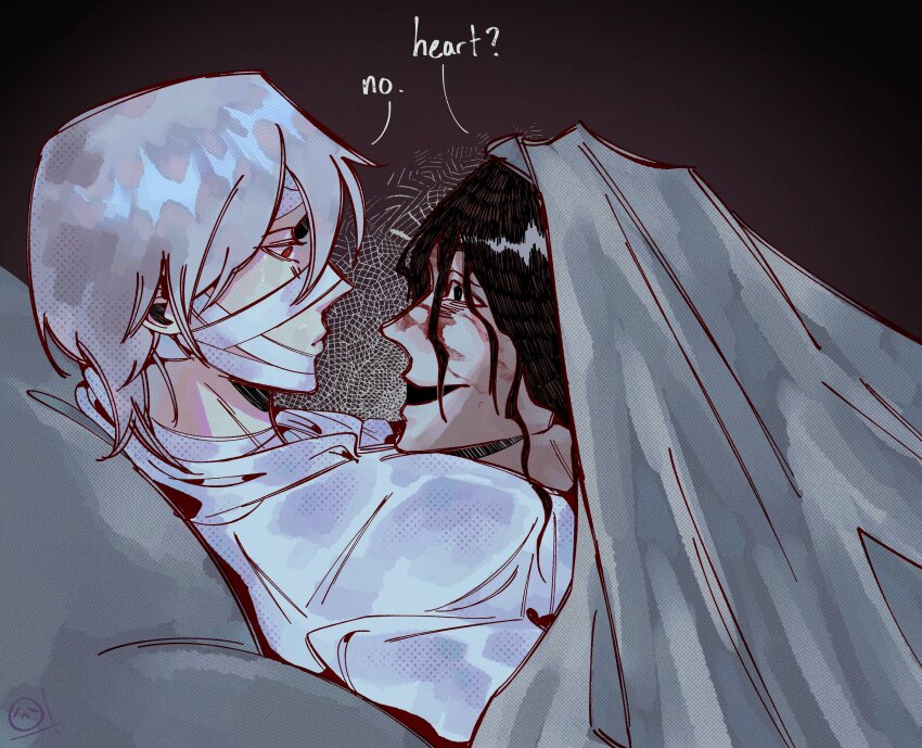1boy 1other absurdres bandaged_hand bandages black_hair blood blood_on_face crazy_eyes from_side grin heroine_(homicipher) highres homicipher looking_at_another lying_on_person messy_hair mr._gap no_teeth on_bed open_mouth red_eyes sadlad03 shirt short_hair smile under_covers upper_body white_hair white_shirt