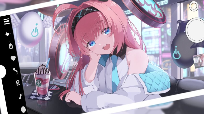 1girl absurdres ahoge arm_support bare_shoulders black_hairband blue_eyes blue_necktie blurry blurry_background chair chocolate_syrup drinking_straw hair_intakes hairband headgear highres ichien_ekaki indoors jacket leaning_on_object lishenna_(shadowverse) long_hair looking_at_viewer multicolored_jacket necktie open_clothes open_jacket open_mouth phone power_symbol shadowverse shirt sleeveless sleeveless_shirt slushie smile solo two-tone_jacket white_jacket white_shirt wing_collar