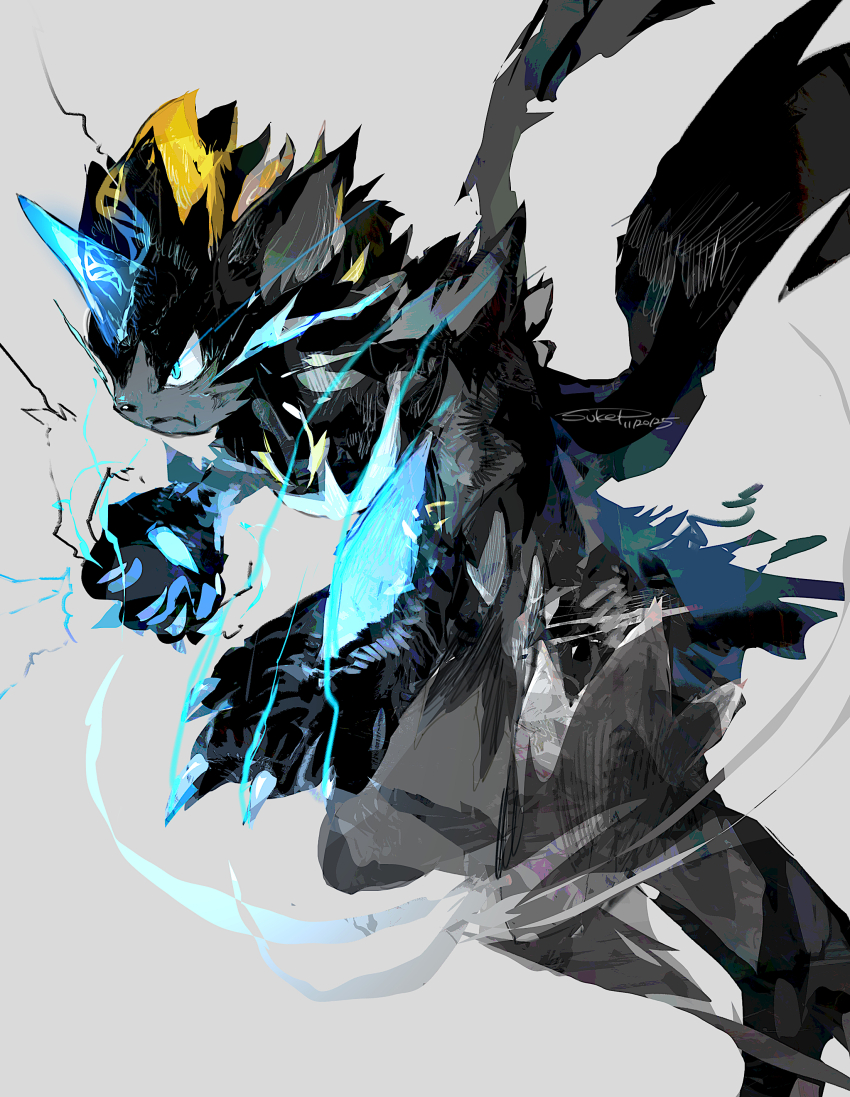 absurdres animal_ears animal_nose black_fur blue_claws blue_eyes blue_fur body_fur cat claws electricity furry gen_7_pokemon highres horns legendary_pokemon mega_evolution_symbol mega_pokemon mega_zeraora mythical_pokemon nintendo pokemon pokemon_(creature) single_horn spikes sukepmonster two-tone_fur v-shaped_eyes whiskers yellow_trim zeraora