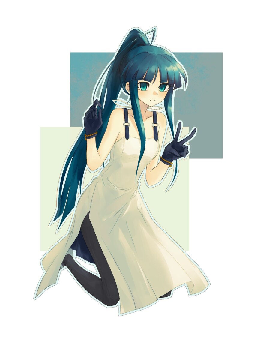 1girl aqua_eyes back_ribbon black_gloves black_pantyhose black_straps blue_hair blunt_bangs breasts dress gloves highres kneeling long_hair minato_hikaru pandemonic_planet_(wmzplanet) pantyhose ponytail ribbon shoes side_slit sidelocks simple_background sleeveless sleeveless_dress small_breasts smile solo soukou_akki_muramasa v very_long_hair white_dress white_ribbon white_shoes