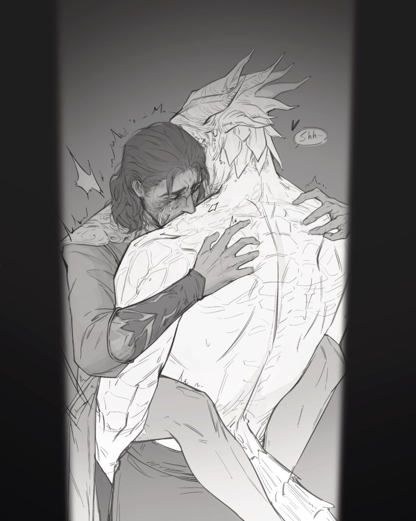 2boys absurdres baldur&#039;s_gate baldur&#039;s_gate_3 bottomless closed_eyes crying dragon_boy dragon_horns dungeons_&amp;_dragons dungeons_&amp;_dragons gale_(baldur&#039;s_gate) grey_background greyscale hair_behind_ear hands_on_another&#039;s_back heart highres horns implied_penetration leg_lock long_sleeves male_focus medium_hair monochrome motion_lines multiple_boys pants robe scales speech_bubble tears the_dark_urge_(baldur&#039;s_gate) topless_male trembling woooogoose yaoi