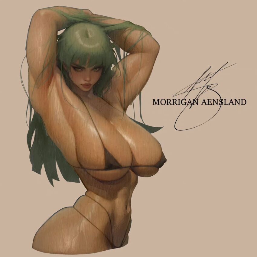 1girl armpits arms_behind_head arms_up bikini black_bikini breasts brown_background covered_erect_nipples darkstalkers green_eyes green_hair highres ickpot large_breasts looking_at_viewer matching_hair/eyes medium_hair micro_bikini morrigan_aensland navel seductive_gaze seductive_smile simple_background smile solo swimsuit thong_bikini toned toned_female