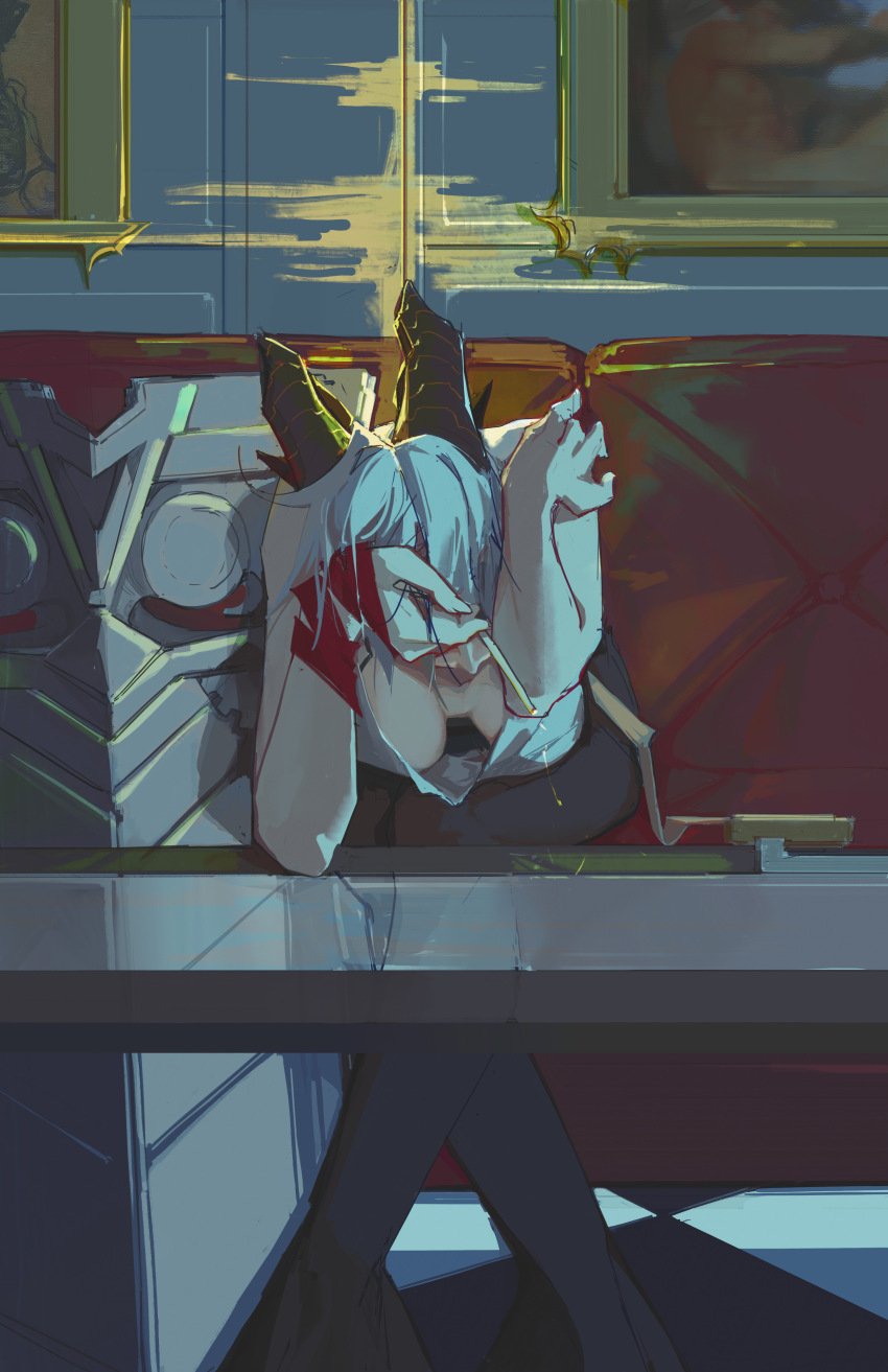 1girl absurdres black_horns black_pants breasts cleavage commentary crossed_legs curled_horns emu2046 english_commentary grey_hair hand_to_head hand_up highres horns large_breasts pants shirt sitting solo white_shirt wuthering_waves zani_(wuthering_waves)