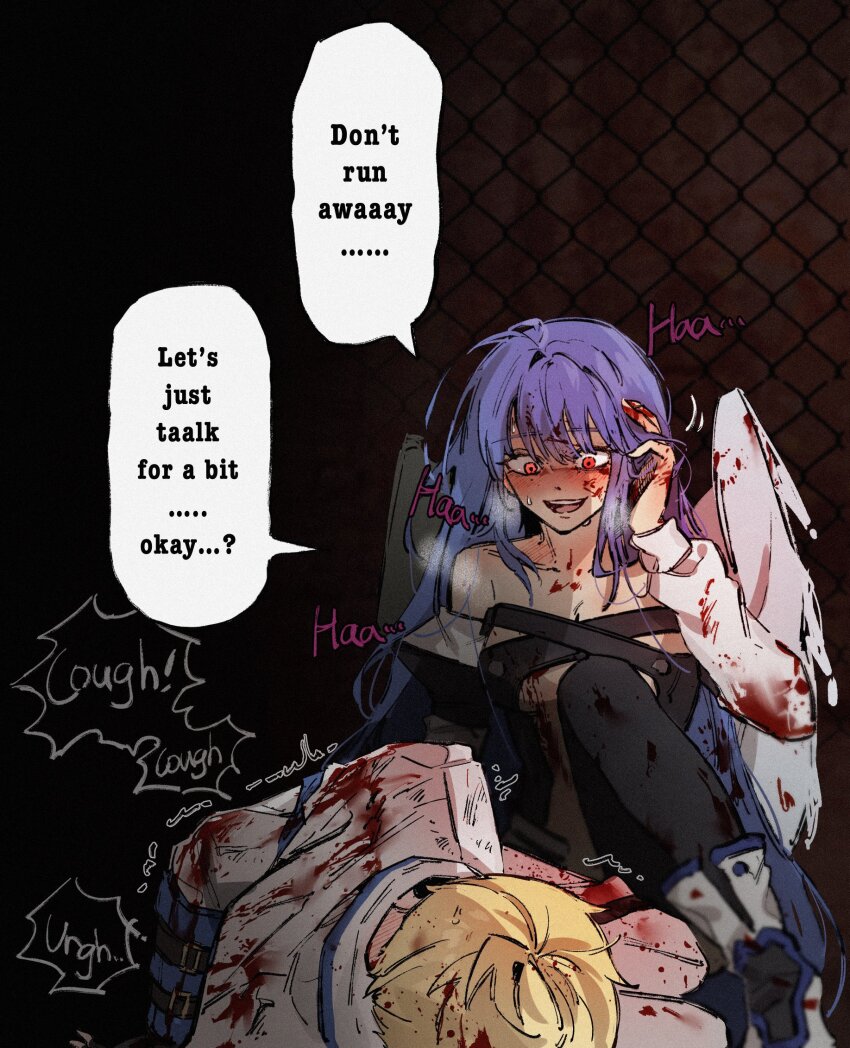 1girl angel_wings blonde_hair blood blood_on_clothes blood_on_face blood_on_hands blue_hair breath crazy_eyes dizzy_(guilty_gear) english_text guilty_gear guilty_gear_x guilty_gear_xx heavy_breathing highres ky_gwangin ky_kiske long_hair lying on_side open_mouth smile trembling wings yandere