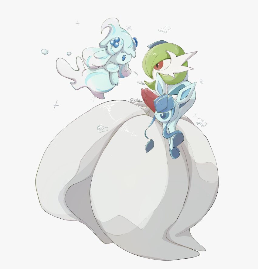 alcremie alcremie_(berry_sweet) artist_name blue_eyes bob_cut colored_skin dress gardevoir gen_3_pokemon gen_4_pokemon gen_8_pokemon glaceon green_hair highres ktbr_2 mega_gardevoir mega_pokemon multicolored_fur nintendo pink_eyes pokemon pokemon_(creature) simple_background white_dress white_skin