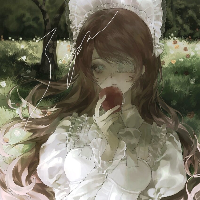 1girl apple aqua_eyes bonnet bow bowtie brown_hair capekachuu dress eyepatch flower food frills fruit grass highres holding holding_food holding_fruit juliet_sleeves long_hair long_sleeves looking_at_viewer medical_eyepatch one_eye_covered original outdoors puffy_sleeves rose sample_watermark solo tree upper_body watermark white_bow white_bowtie white_dress white_flower white_rose