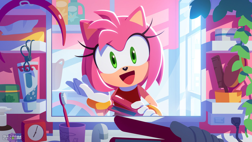 1girl amy_rose commentary_request eyelashes furry furry_female gloves green_eyes hair_brush hair_straightener karasuno_yui looking_at_mirror looking_at_viewer mirror napkin_holder official_art smile solo sonic_(series) sonic_channel toothbrush toothpaste watermark white_gloves