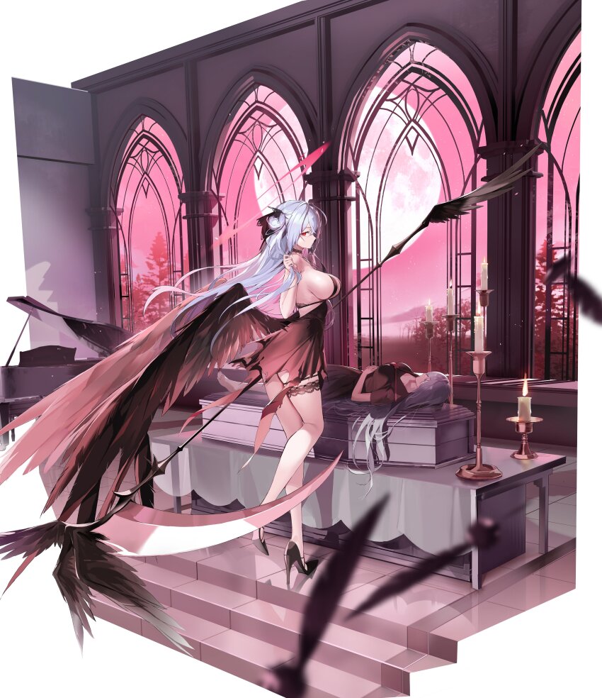 2girls absurdres bare_legs bare_shoulders black_choker black_shoes black_wings breasts brown_dress candle candlestand choker choyeon coffin dress feathered_wings from_side full_body halo high_heels highres holding holding_scythe large_breasts long_hair looking_at_viewer multiple_girls original profile red_eyes scythe shoes short_dress sideboob sleeveless sleeveless_dress thigh_strap very_long_hair white_hair wings
