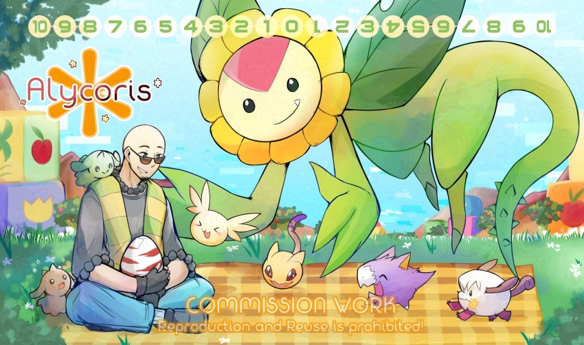 chocomon digimon digimon_(creature) digitama dorimon egg flower gummymon highres leaf nyaromon petals sunflower sunflowmon tail upamon xiaomon