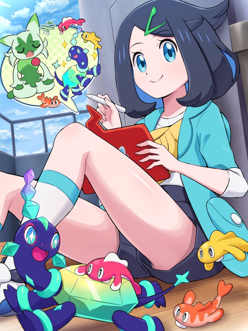 1girl absurdres black_hair black_shorts blue_eyes blue_hair claws closed_eyes closed_mouth cowlick eyelashes fish floragato gen_4_pokemon hair_ornament hairclip highres holding jacket liko_(pokemon) looking_at_viewer medium_hair multicolored_hair nintendo open_clothes open_mouth pokemoa pokemon pokemon_(anime) pokemon_(creature) pokemon_horizons rotom shirt short_shorts shorts smile stylus tatsugiri tatsugiri_(curly) tatsugiri_(droopy) tatsugiri_(stretchy) terapagos terapagos_(normal) upshorts white_shirt